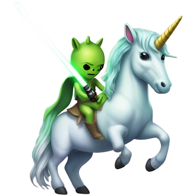 a unicorn with a green alien woman on it holding a lightsaber emoji