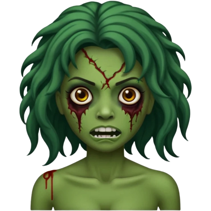 Faça um emoji de zumbi que se pareça comigo. Categorias: cabelo ondulados pretos, pele verde, usa aparelho! Personagem: feminina. emoji