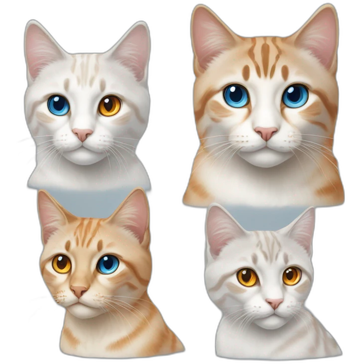 three cats, 1 lynx point with blue eyes, 2 orange and white with yellow eyes, 3 all orange with orange eyes emoji