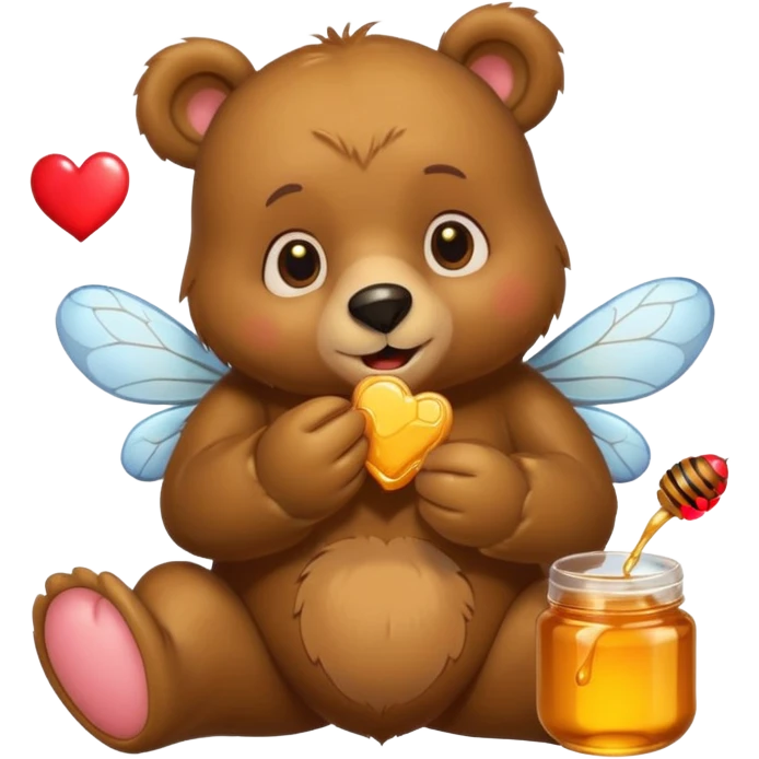 a cute bear with honey and bee and hearts emoji