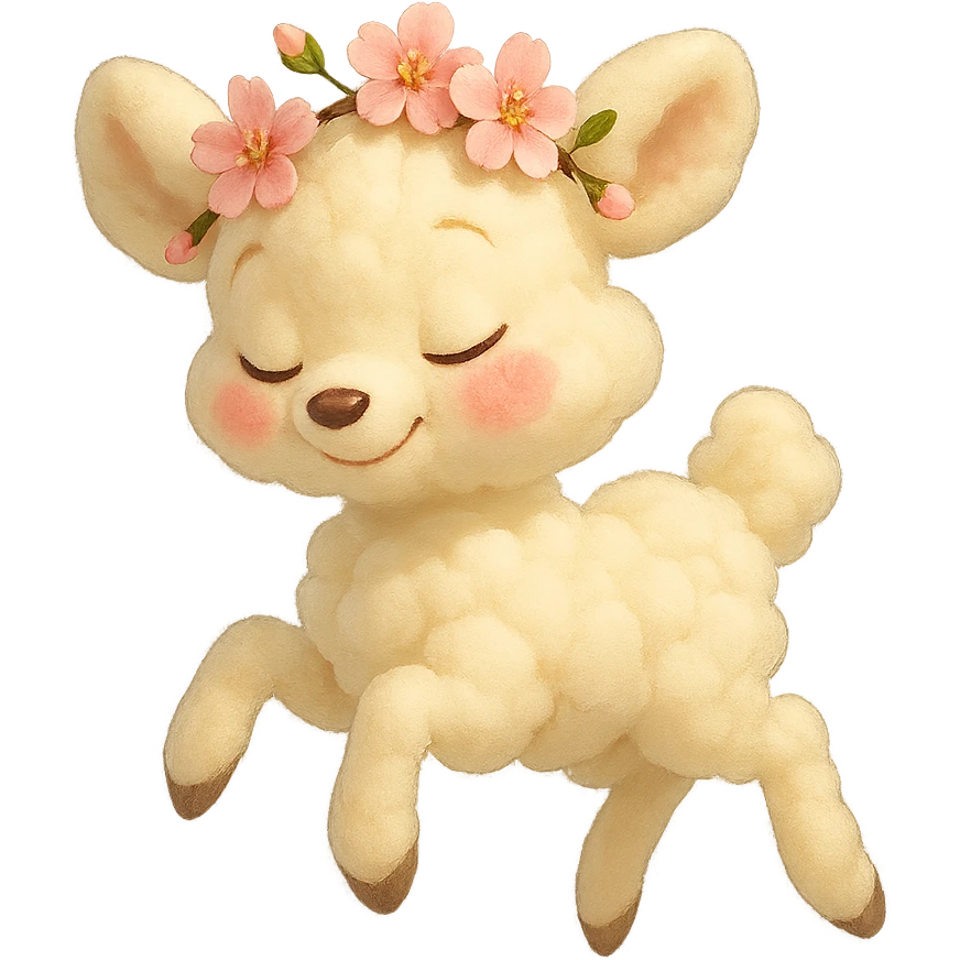 feminine vanilla cloud doe with rosy cheeks and cherry flowers on its head, floating gracefully, Pixar art style emoji