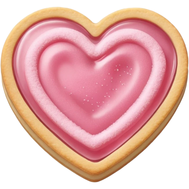 Realistic shortbread cookie in the shape of a heart with pale pink jelly middle filling and sprinkled powder sugar on top. emoji