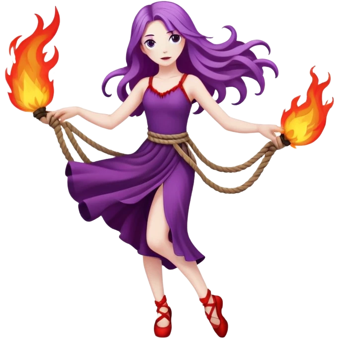 Full body rope on fire dance performer pale skin with long purple hair red dress emoji
