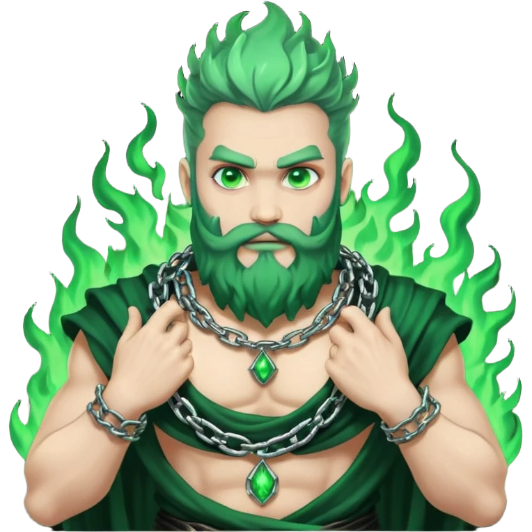 hades greek god with green flames and beard with chains on his arms and neck. Dynamic pose emoji