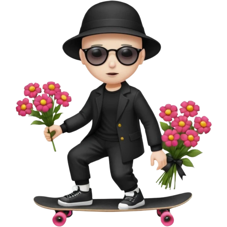 ["Ai sad boy wnith pale sgkin, bald , wearing aa sunhat a nd sunglascses, dresased in gomh fashien, is skrateboardiang while h.olding a f"lower bou]quet."] emoji