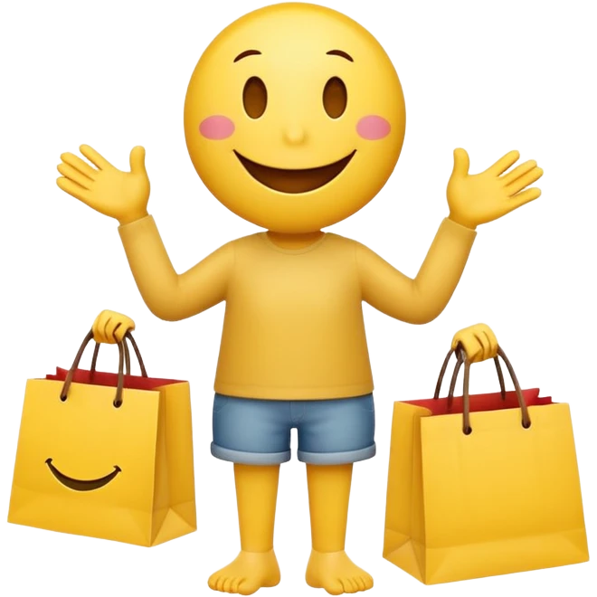 HAPPY SMILEY FACE WITH HANDS AND FEET EMOJI WITH SHOPPING BAGS IN EACH HAND emoji