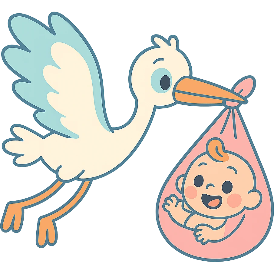 stork flying with a human baby in a bundle, pastel toon style emoji