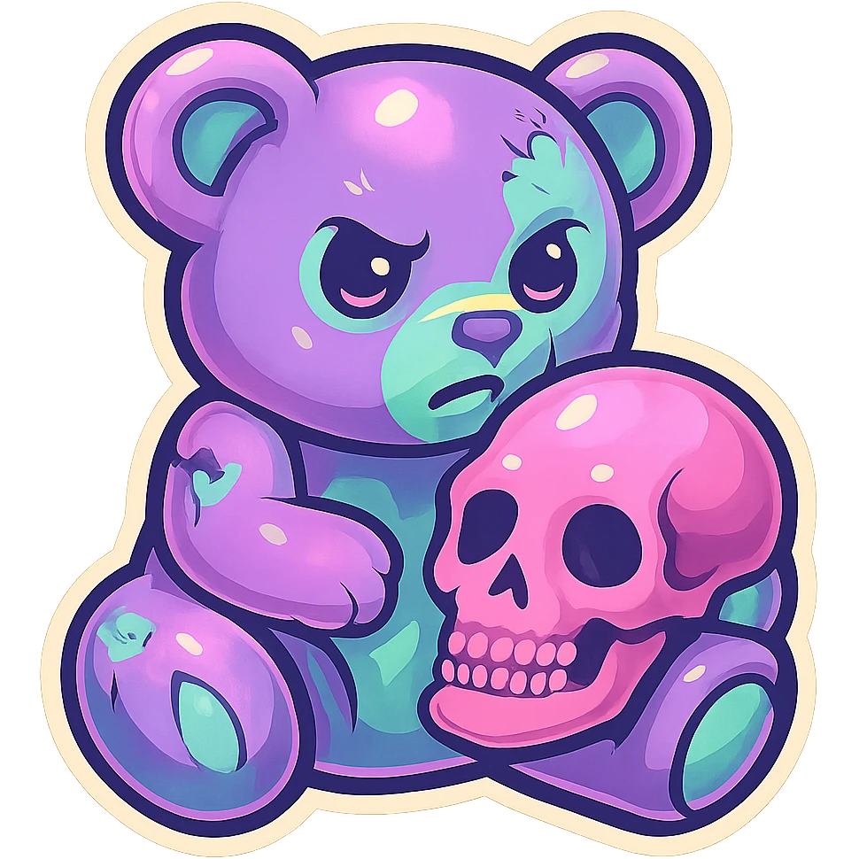 Turn this image into a zombie bear with pastel goth colors, holding a pink skull, in retro stickers style, with no background. emoji