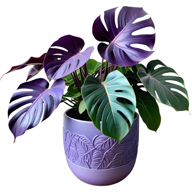 A stunning purple monstera plant with deep violet-green leaves, each leaf elegantly veined with subtle shades of purple, creating an ethereal glow. The plant is flourishing in a beautifully crafted lavender ceramic pot with intricate embossed floral patterns. The background features a softly blurred, moody violet gradient, enhancing the plant’s lush aesthetic. Delicate strands of ivy and tiny lavender blossoms cascade around the pot, adding depth and harmony. Soft, diffused lighting casts a gentle glow, emphasizing the plant’s unique coloration and creating a dreamy, artistic composition. emoji