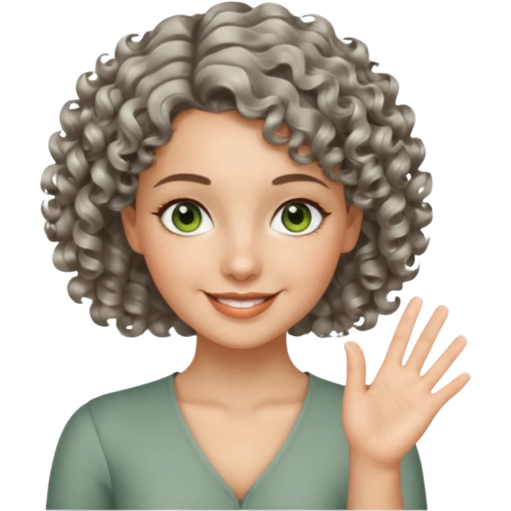 silver, short, wavy-haired with curls, smiling pretty lady, 2 fingers crossed on one hand, green/brown eyes emoji