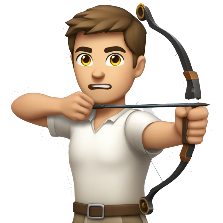 a male archer aiming with a bow facing  his target, eyes closed, wearing a white shirt, very short brown hair, bright skin, only show upper part of the body from waist up emoji