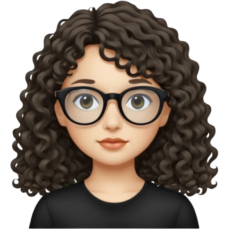 create a frontend girl that has a round face long curly hair with a side curtain bangs and wears black square rayban glasses doesnt smile with her teeth and white emoji