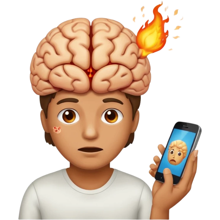 person fixated on a mobile phone with brain visibly overheating or burning emoji