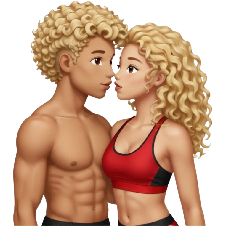 athletic man, high top fade, blonde curly hair only top only, no shirt and Athletic girl with long light red wavy long hair and black sports, Put them together kissing, or holding hands emoji