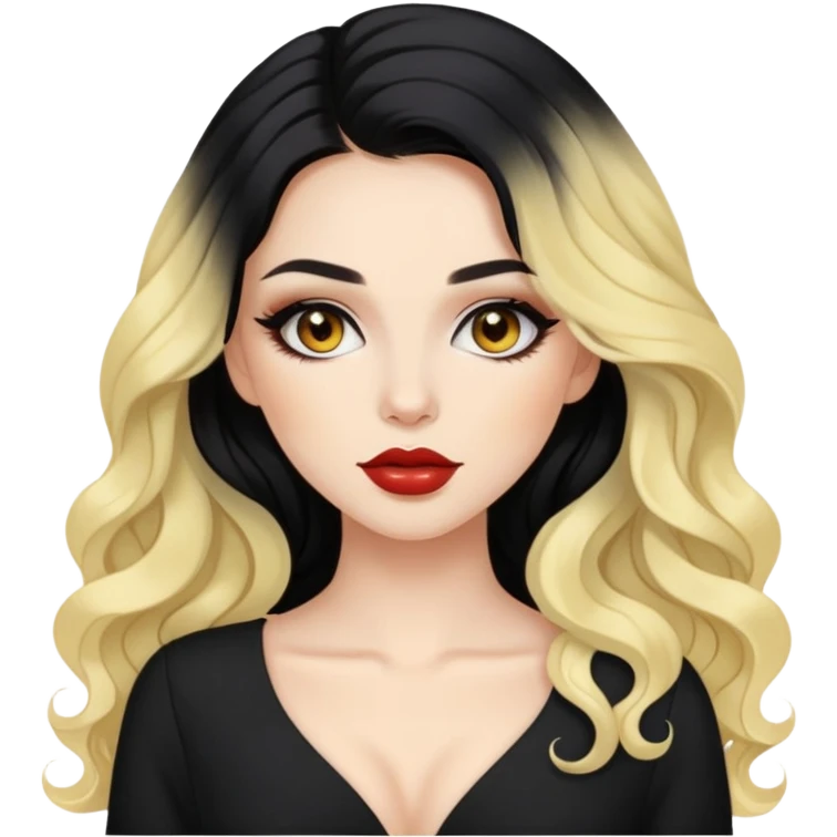 gadis cantik, kulit berwarna kuning langsat, memiliki rambut panjang dengan bentuk sedikit wayv dan berwarna hitam, memakai pakaian serba coquette, dan memakai make up yang cantik emoji