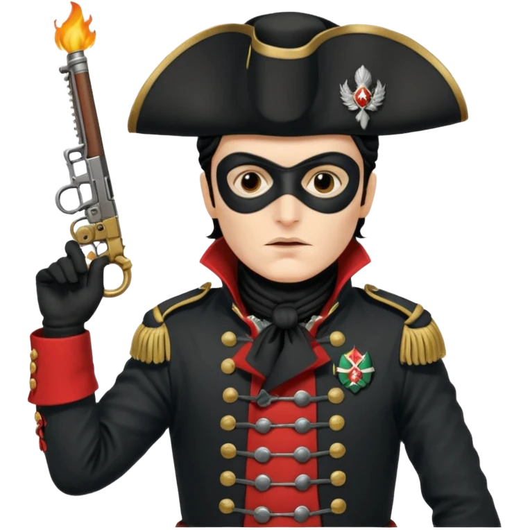 Adam Ant  with black mask is wearing a Hungarian jacket Hussar'S JACKET, holds two firelocks holsters in his hands emoji