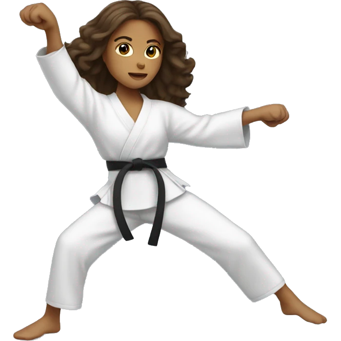 Girl doing power karate stance with long wavy brunette hair emoji