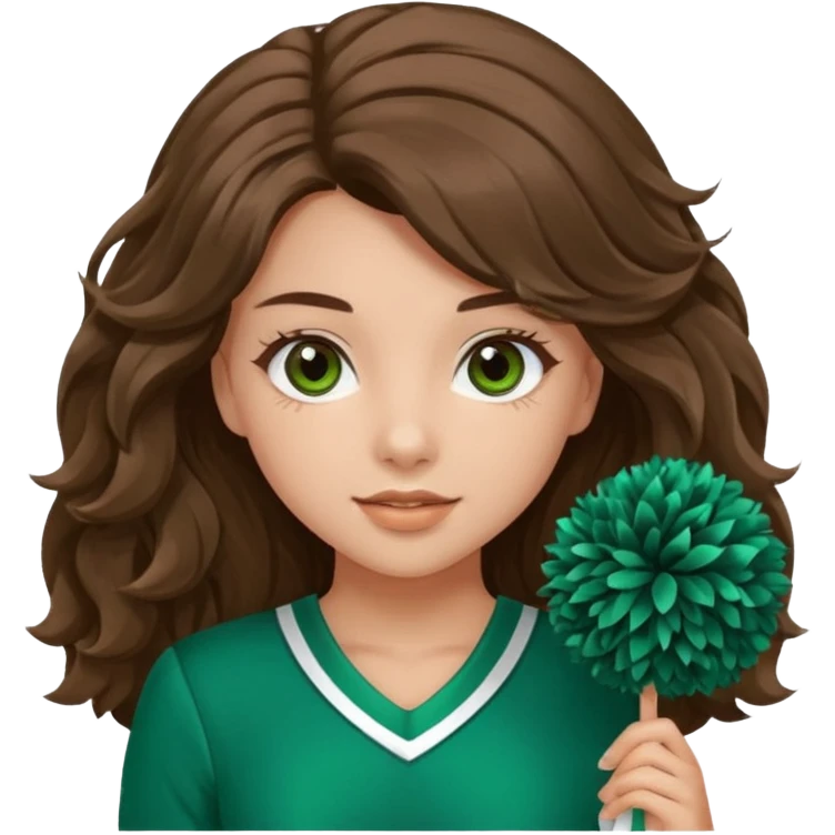 A pretty girl, her eyes is blue, her hair is brown long wavy hair, and wear green Hawkins cheerleader uniform and hold pompom emoji