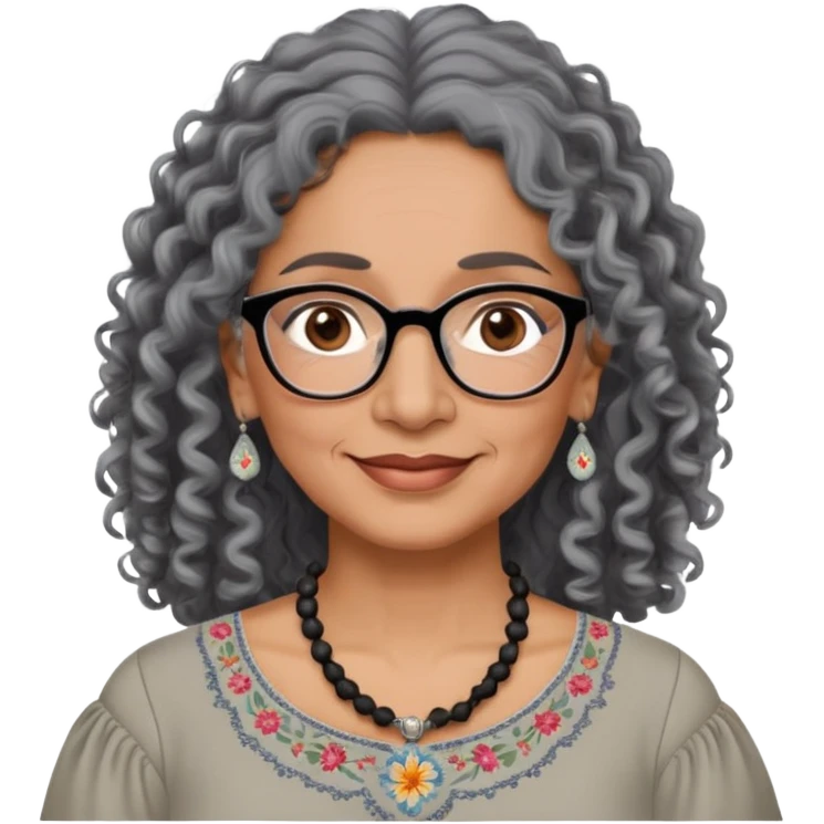 Latina woman, about 55 years old, dark warm brown skin, round soft face, long curly black and gray hair, no headband, medium eyes, thin eyebrows, gentle smile, delicate eyeglasses, gray peasant blouse with embroidery, bare shoulders, large dark necklace emoji