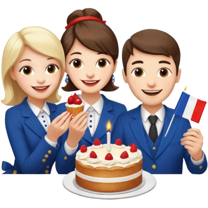 a french style elegant girl being recorded by 2 elegant guys with a french flag  and the girl eating a cake emoji