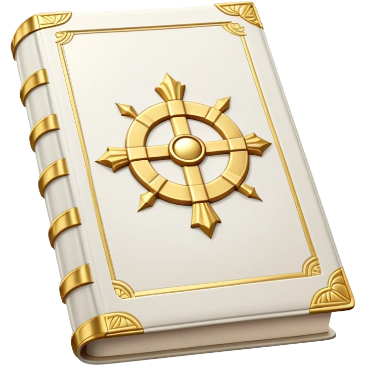 A white leather book with golden accents, smooth and polished, embossed with a symbol of six pillars columns,, radiating strength, confidence, and the power of self-worth.  emoji