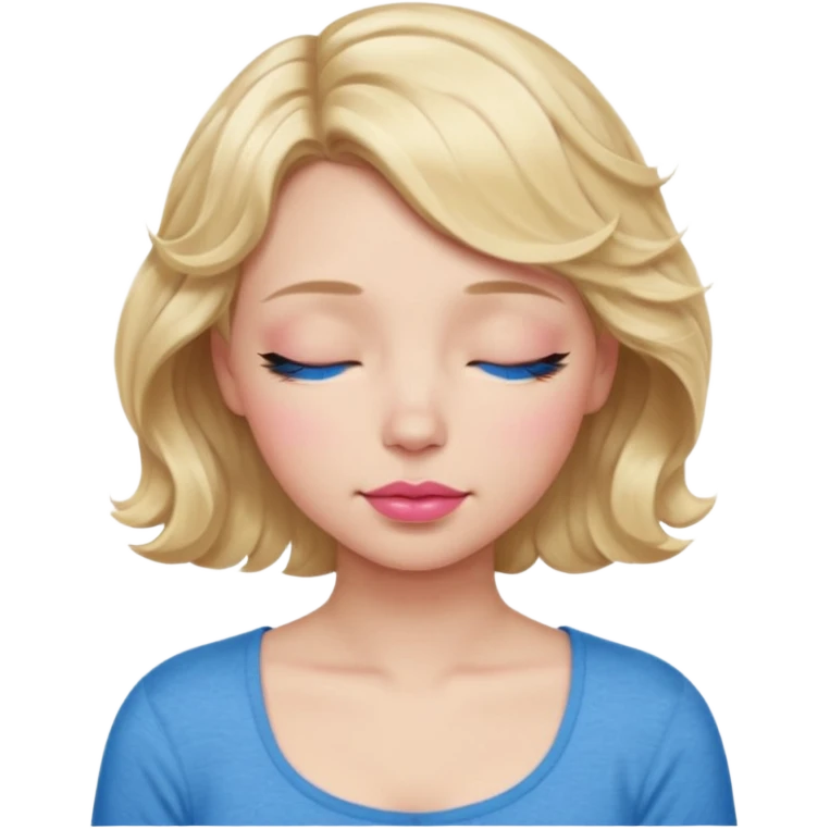 Girl Blonde short wavy hair,  blue eyes, cute blue top, long lashes, pink lips, sleeping eyes closed emoji
