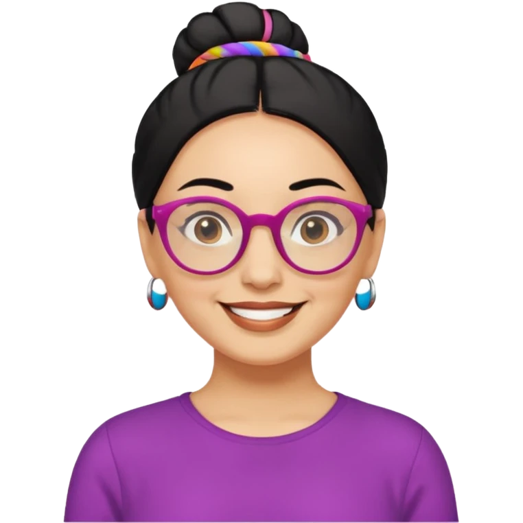 light skin middle aged with low bun in black hair with colorful glasses emoji