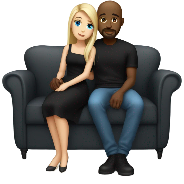 Blonde woman with blue eyes and long straight hair wearing a short black dress and a black man who is bald with a goatee seated together on a sofa enjoying a loving kiss.   emoji
