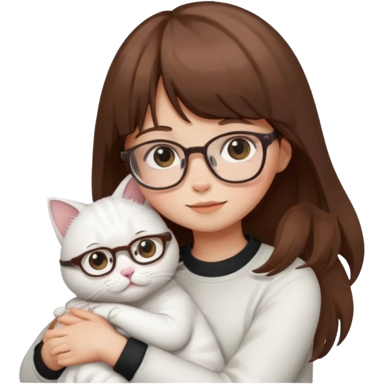 Cute girl brown hair have bangs and glasses hugging white cat emoji