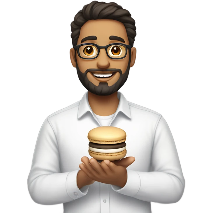 A light-skinned, nerdy man with dark hair and a beard holds a macaron in his hand and is wearing a basic white shirt. emoji