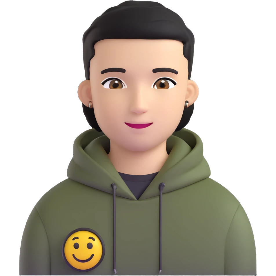 man with black military haircut, brown eyes, wearing 2 circle earrings and a black hoodie with a smiley face emoji