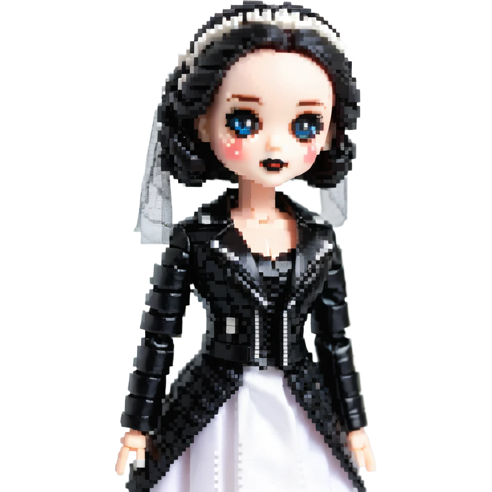 Chucky's bride doll wearing a black dress and black leather jacket, with dark makeup emoji