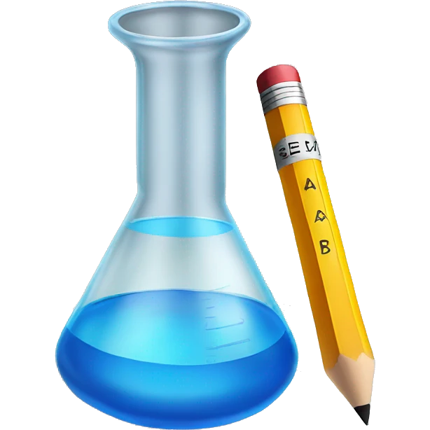 Pencil on paper taking a test with a beaker with a blue chemical on the side emoji
