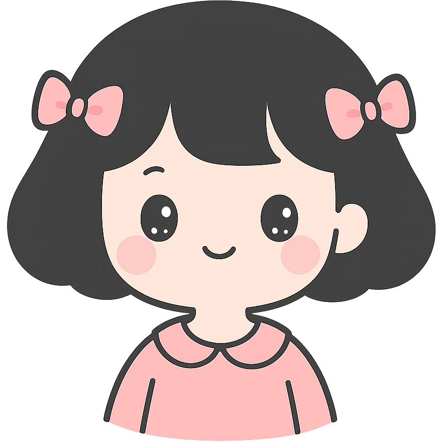 cute girl with black chanel haircut, pink bows, delicate style emoji
