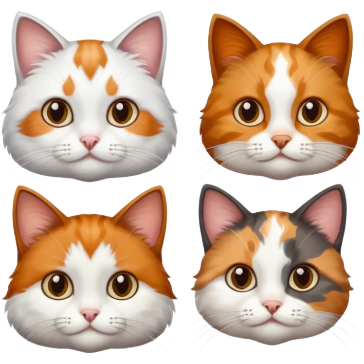 3 different coloured small cats including a dark brown tabby and white, and a patchy calico, and a ginger and white emoji