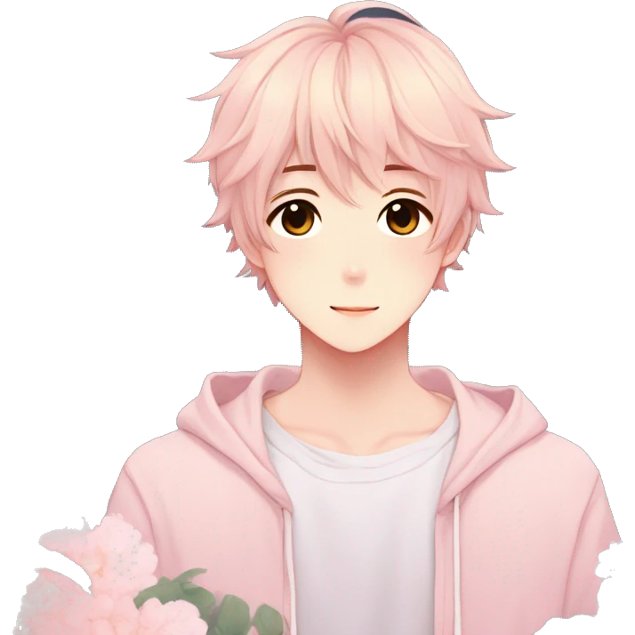 Gorgeous pastel anime style shojo guy with blushing face and flowers aesthetic trending style emoji