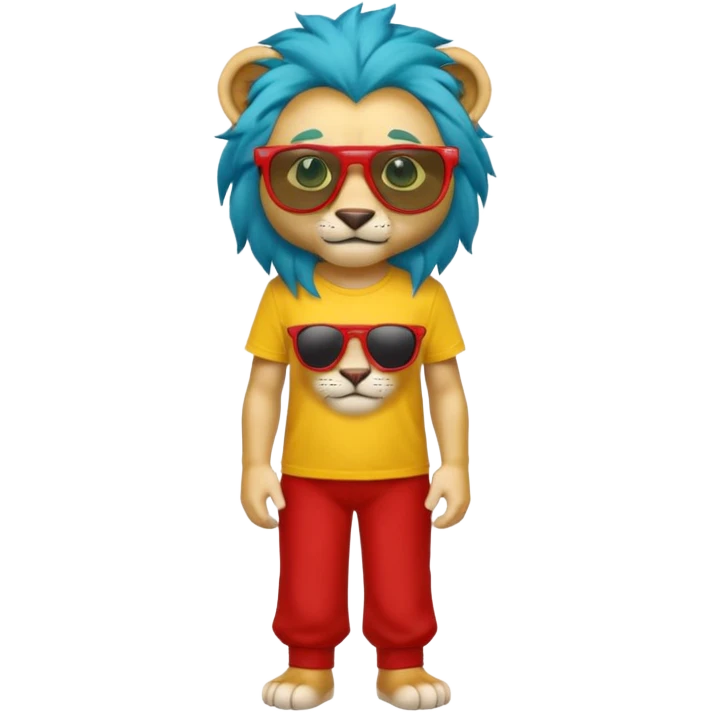 Güneş gözlüklü pantolonlu sarı kırmızı tişörtlü yeşil gözlü mavi saçlı aslan emoji