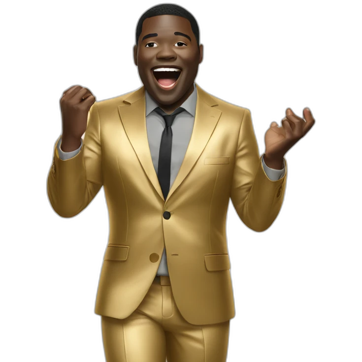 sam richardson in a gold suit singing into a microphone full body dancing emoji