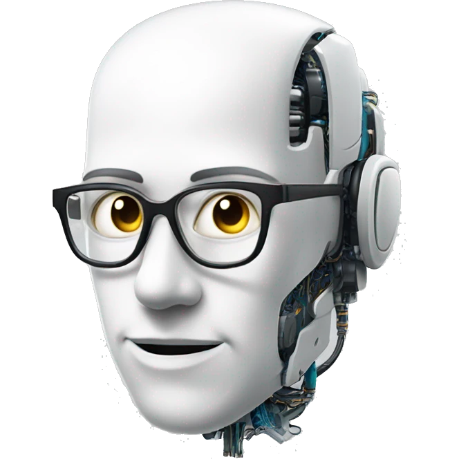 Robotic Cyborg head with fair skin, flat top haircut, rectangular glasses, circuits and smiling  emoji