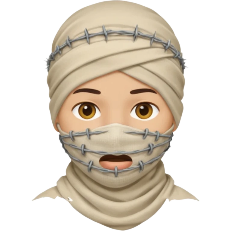 Head wrapped in gauze, mouth sealed with barbed wire. emoji