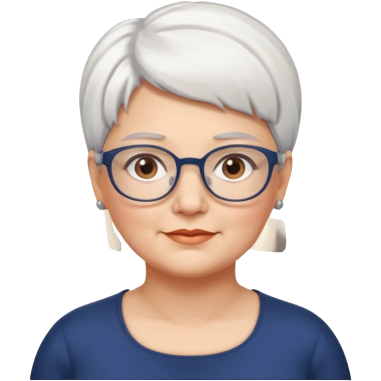 Create me emoji of an old mid-fat lady. Short white hair to left side. Square glasses. Brown eyes. Without any earrings on her ears. Long head emoji