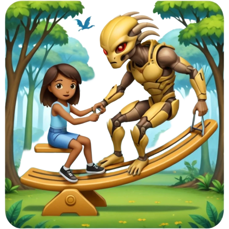 The Predator, in a dream like park, pushing unwilling the alien in a seesaw. emoji