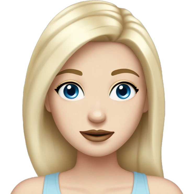 White girl with black hair, pale skin, and sky blue eyes wearing a beige sheer tank top with cleavage and a gold chain necklace  emoji