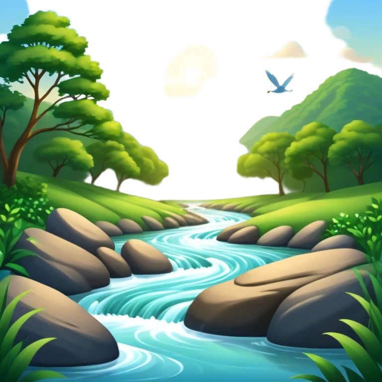 Cinematic Realistic River Emoji, Serene and flowing, with sparkling water meandering through lush greenery, surrounded by trees and rocks. The sun dances across the rippling surface, creating glimmering reflections while birds fly overhead. Soft glowing outline, capturing the essence of peacefulness and tranquility in a meandering river. emoji