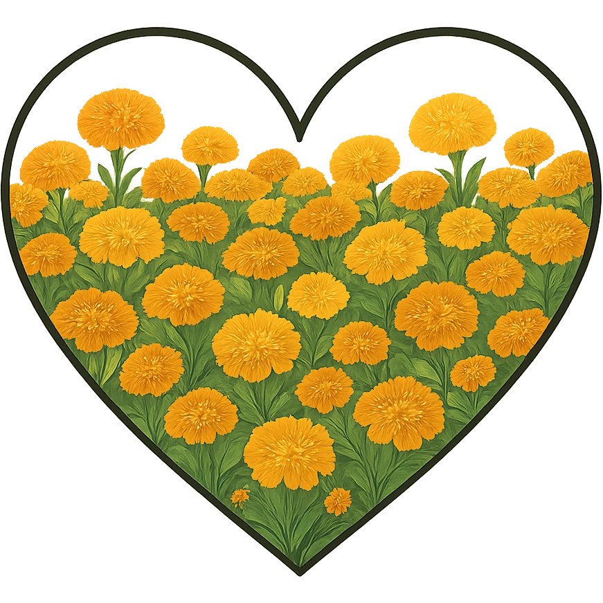 heart with a vibrant marigold field, clean digital illustration emoji