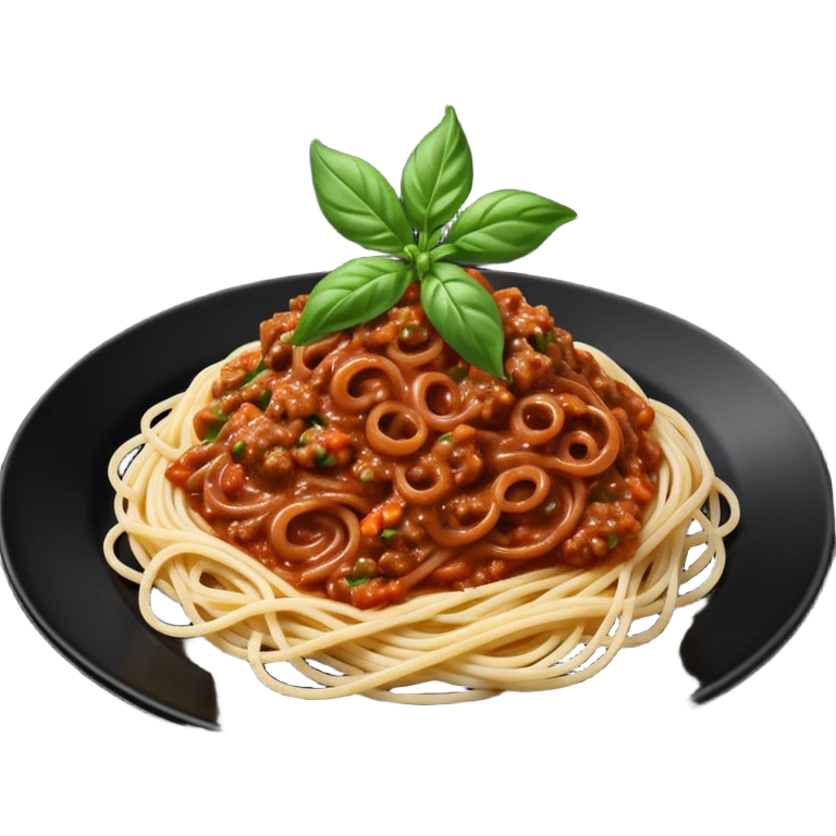 Spaghetti Bolognese on a black plate,nice basil on top emoji