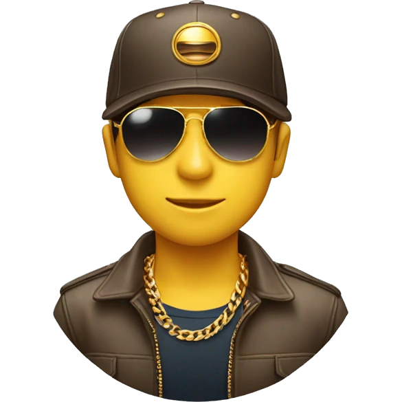 A circular emoji with a pair of aviator sunglasses COOL, a backwards baseball cap tilted slightly, and a gold chain around its neck. Make the overall expression slightly smug and confident. emoji