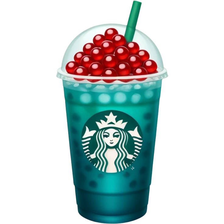 Teal-blue colored Starbucks refresher with red bobs pearls at the bottom emoji