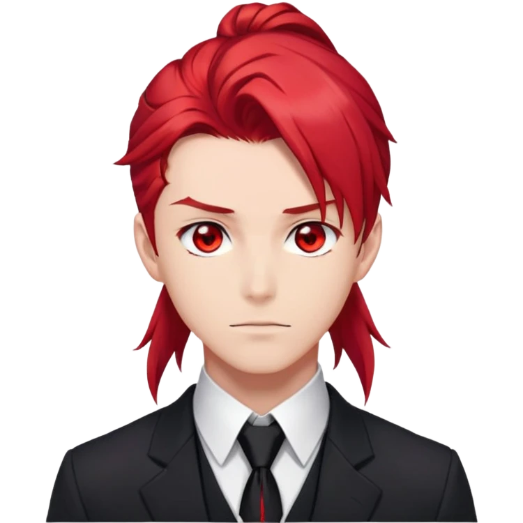 Handsome gorgeous anime man with bright-red hair, thick long ponytail, red eyes, black tie with a red gem, white shirt, black jacket, stone face emoji