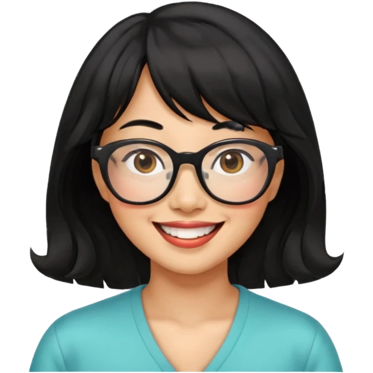 40 yr old asian woman wavy black hair bangs big glasses big smile tanned skin emoji
